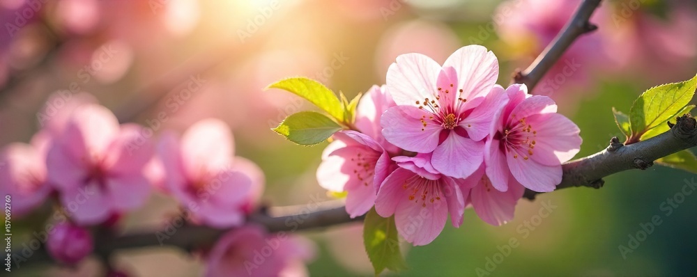 Obraz premium Spring Blossoms in Sunlight Delicate Petals and Fresh Green Leaves Rustling Gently in the Spring Breeze, a Symbol of Renewal and New Life