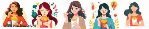 vector woman eating french fries