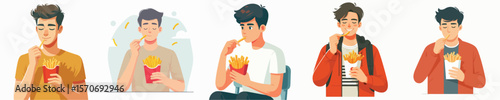vector young man eating french fries