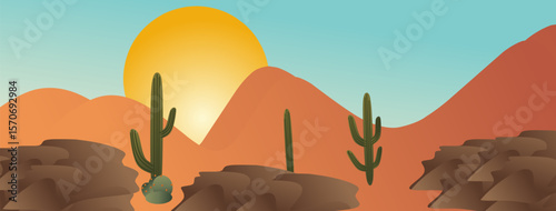 Desert landscape with cactuses and mountains.