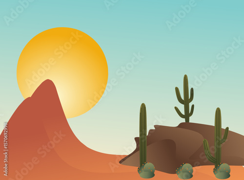 Desert landscape with cactuses and sun.
