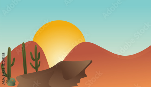 Desert landscape with sun and cactuses