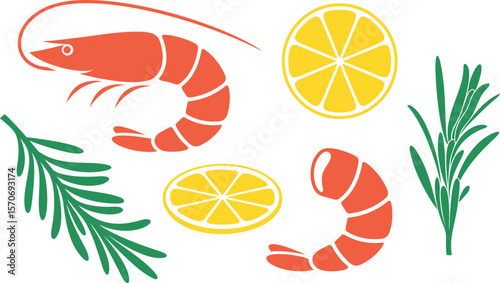 Shrimp logo. Isolated shrimp on white background. Seafood. Rosemary branch. Lemon logo