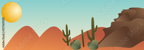 Desert landscape with cactuses and mountains