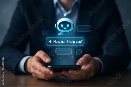Businessman interacting with smart AI chatbot interface for business, AI chatbot, artificial intelligence, smart assistant, ChatGPT concept, business automation, enterprise AI, tech innovation

