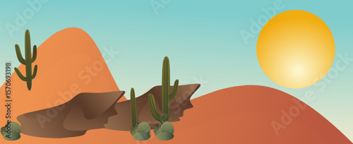 Desert landscape with mountains and cactuses.