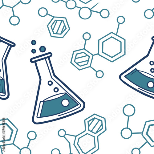 Vector flask and bubbling beaker icons, chemistry lab pattern in blue and green