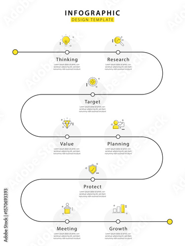 Business infographic template. 8 Step timeline journey. Process diagram, 8 options on white background, Infograph elements, technology, education, modern vector illustration.