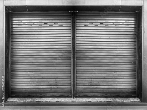 Closed steel shutter door of warehouse, storage or storefront for old grunge gray metal door background and textured.