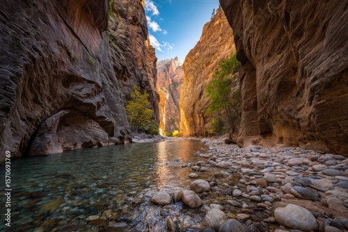 A view through the narrows of zion national park showing the river and canyon walls with blue sky above