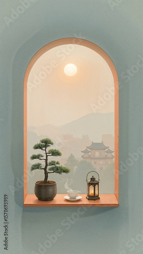 Tranquil scene with bonsai cup of tea and lantern bonsai tree potted plant
