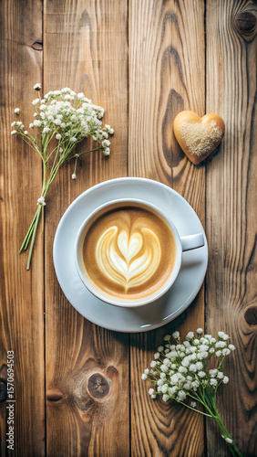 Latte Art Coffee with Flowers and Heart-Shaped Cookie on Wooden Table