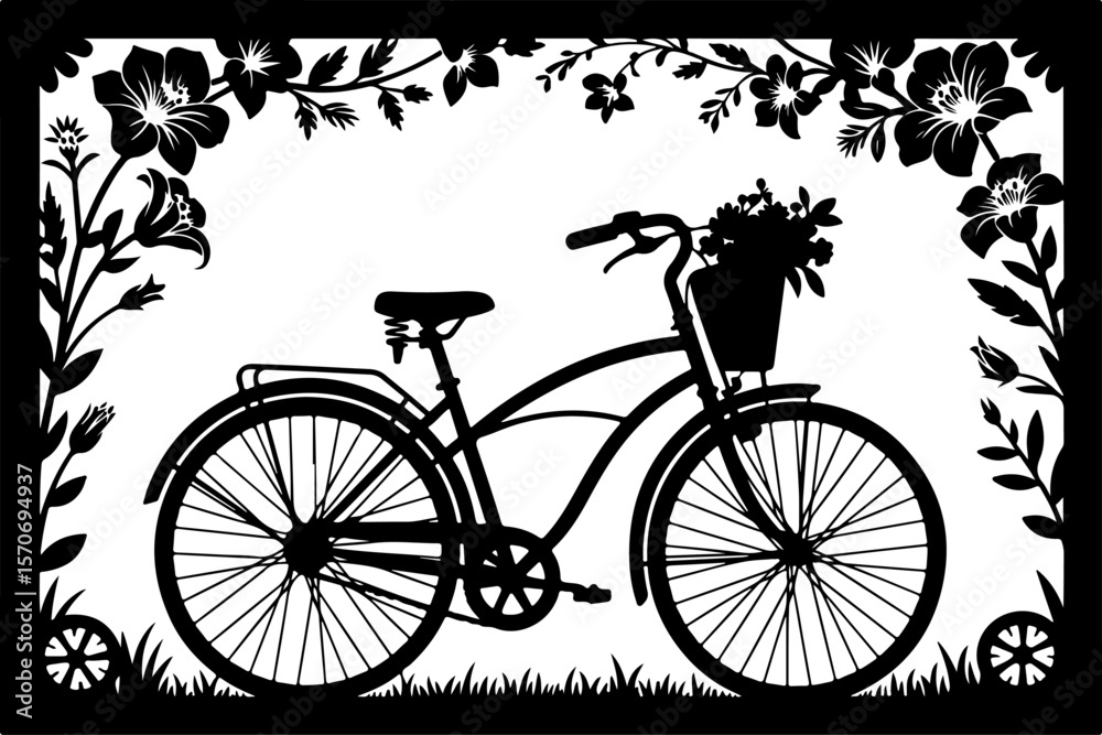 Obraz premium Bicycle with Flowers | Black & White Graphic Vector