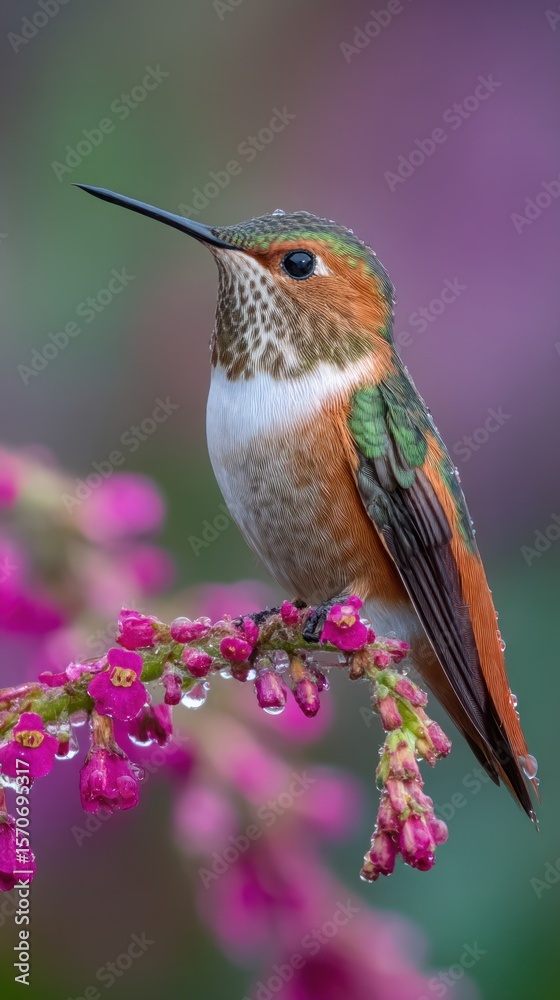 Fototapeta premium Close up of rufous hummingbird perched on a branch with pink flowers and water droplets in nature