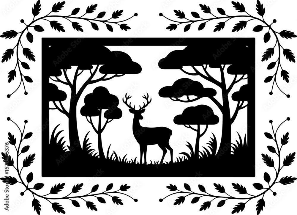 Fototapeta premium Deer with Forest Background | Silhouette Vector Illustration