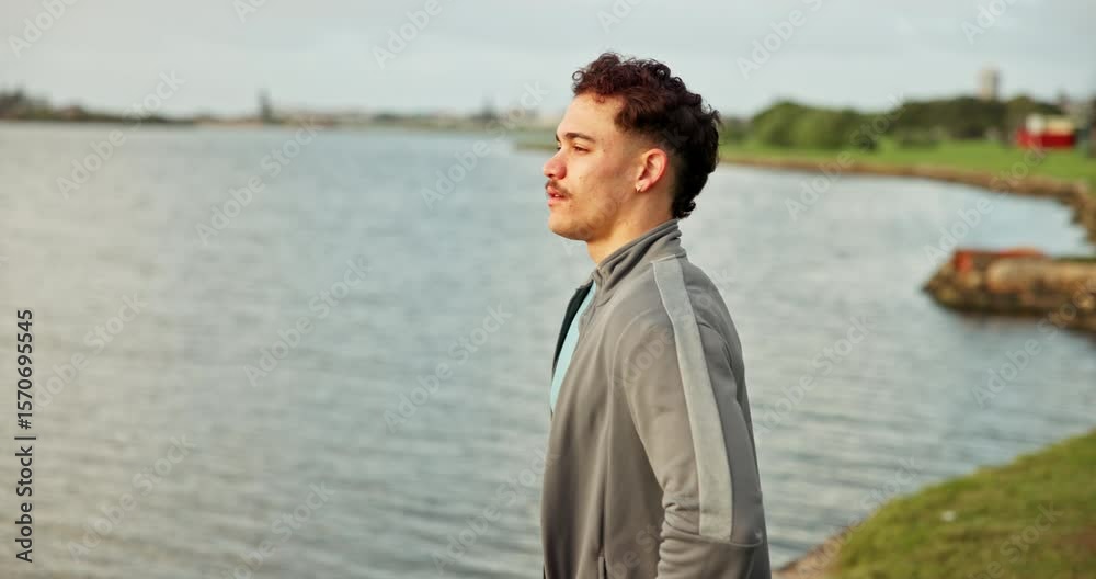 Fitness, breathe and rest with man in park for workout, health and exercise training. Relax, break and mindfulness with athlete by lake for awareness, balance and commitment with morning routine