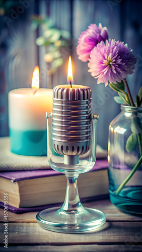 Vintage Microphone Candle Holder with Flowers and Books Still Life Photography