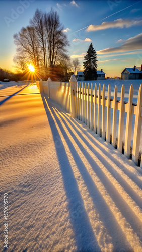 Winter Sunset Landscape White Fence Shadows on Snowy Path