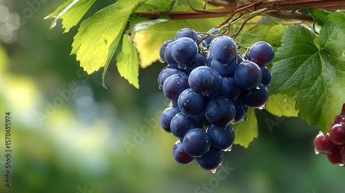 Fresh Water Droplets on Ripe Blue Grapes Hanging from Vine