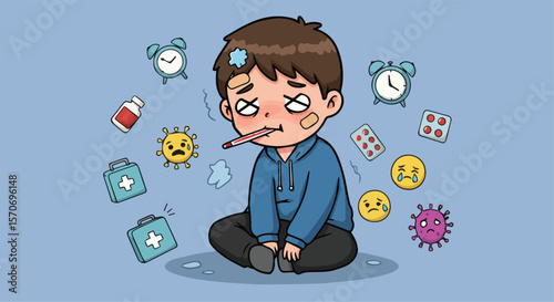 Sick Boy Surrounded by Medical Elements Cartoon Illustration