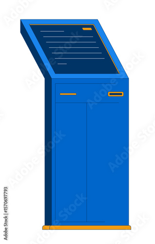 Interactive touchscreen self service kiosk terminal 2D cartoon object. Check-in touch screen display device. Bank technology isolated element flat vector clip art on white. Spot illustration