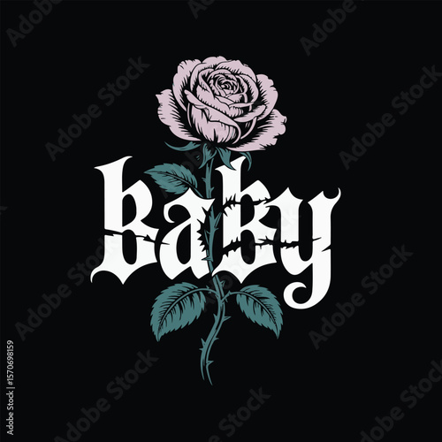 Elegant pale pink rose with gothic lettering spelling baby