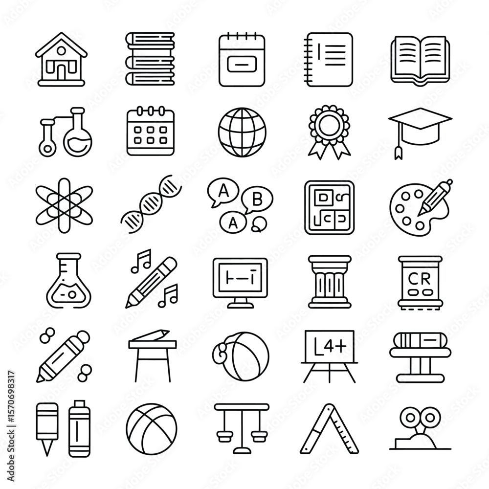 Fototapeta premium Collection of thirtysix black linear icons depicting educational and recreational objects and concepts including school building books notebook globe graduation cap atom D N A pencil music