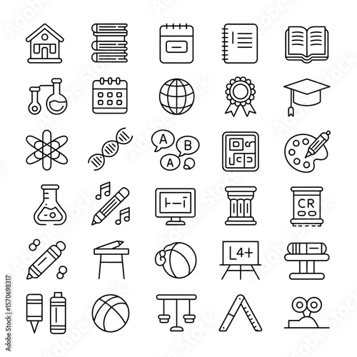 Collection of thirtysix black linear icons depicting educational and recreational objects and concepts including school building books notebook globe graduation cap atom D N A pencil music