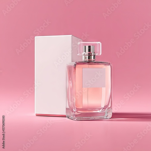 A pink perfume bottle with a square, clear glass body, silver cap, and blank white label rests beside its simple white box on a matching pink background