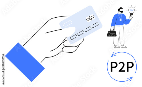 Hand holding a credit card, businessman with light bulb idea, and P2P transfer arrows. Ideal for finance, peer-to-peer transactions, innovation, business solutions, teamwork, payment systems digital