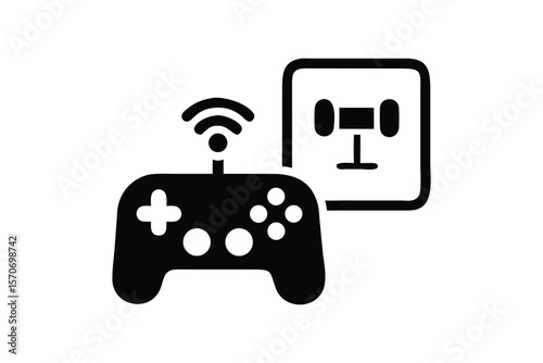 Modern black icon representing a wireless game controller with signal waves and a robotic chassis or vehicle interface on a white background
