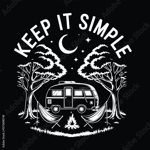 Keep it simple vintage camper van surrounded by trees under a starry night sky