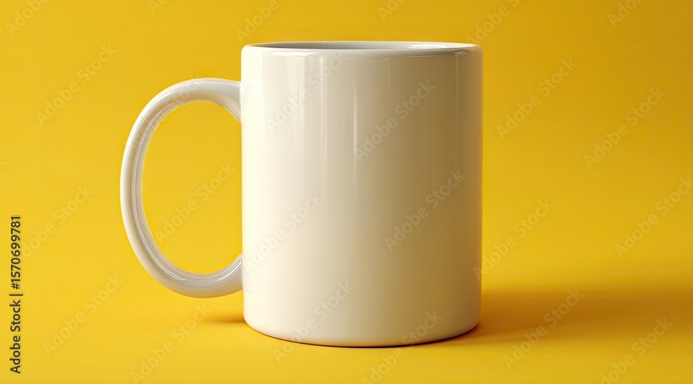 Obraz premium A plain white ceramic mug with a C-shaped handle sits on a vibrant yellow background. Its surface is subtly glossy, appearing smooth and unblemished