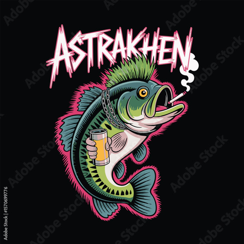 Punk rock bass fish with mohawk smoking cigarette and holding beer