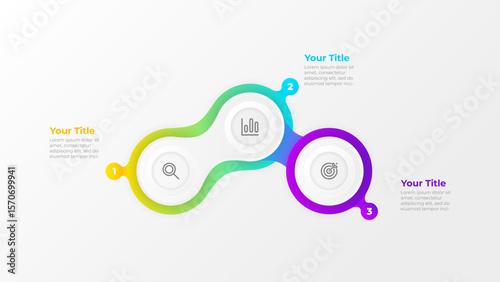 Modern 3 step infographic timeline with circles and marketing icons. Business process and data flow.
