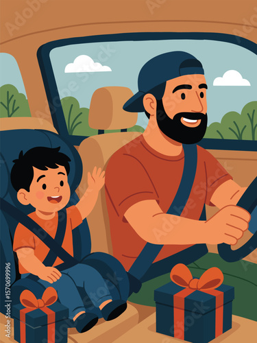 Cute illustration of a father and son riding in a car with gift boxes, wearing seat belts. Warm colors, cartoon style. Perfect for Father's Day cards and family-themed designs.