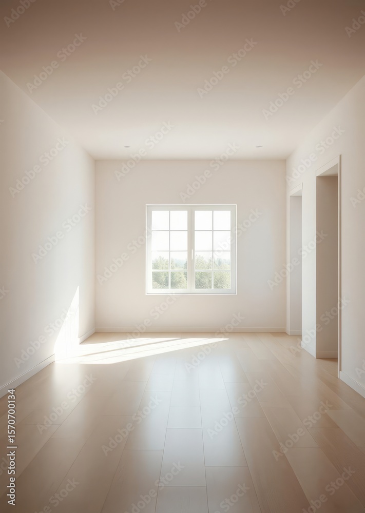 Fototapeta premium Empty home room interior daylight with light shade shadow from big window and sunshine cosy clean and clear house design created with generative ai technology Empty room interior design Ultra reali
