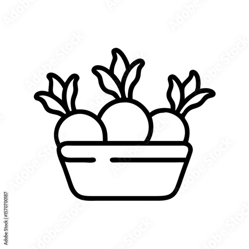 Basket filled with beets and leaves in a simple line art style  