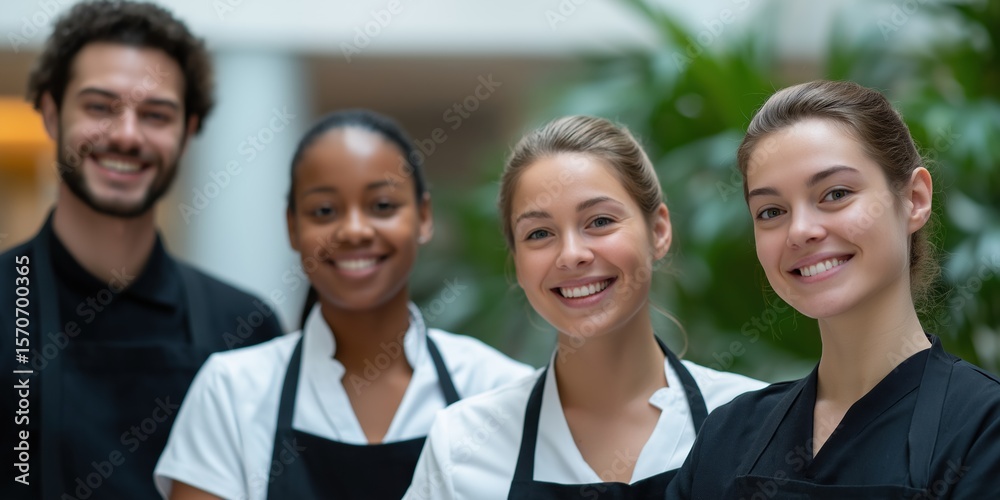 Four smiling women in black aprons and white shirts. They are posing for a picture. Scene is happy and friendly Four smiling women in black aprons and white shirts. They are posing for a picture. Scene is happy and friendly