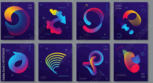 Abstract Gradient Designs on Dark Backgrounds with Geometric Shapes.