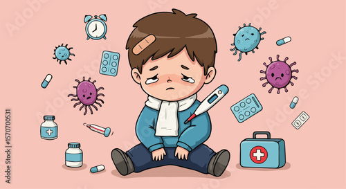 Sick Boy Surrounded by Medical Elements Cartoon Illustration