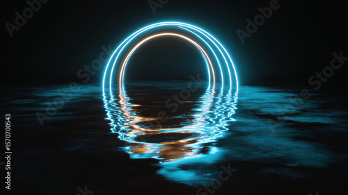 Neon ring reflects on calm water at night