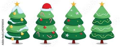 Christmas tree icon clipart set. Snowy Christmas tree with colorful xmas balls, stars, candy cane and Santa hat elements clip art collection for winter decoration in white background vector 