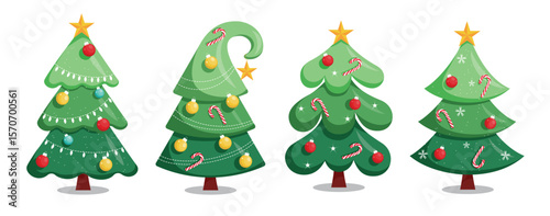 Christmas Tree flat clipart set. Christmas tree green elements clip art collection with colorful xmas balls, candy cane and yellow stars for December winter season decoration vector illustration.
