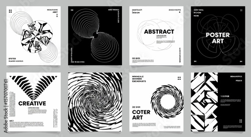 Eight Abstract Graphic Design Posters with Black and White Elements.