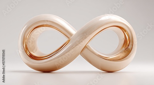 A polished, light-gold infinity symbol, rendered in a smooth, glossy 3D style against a minimalist, off-white background.  The curves are subtly highlighted, suggesting depth and reflectivity