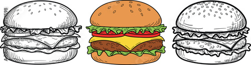 Hand drawn doodle hamburger illustrations in sketch line art. restaurant branding, menu design, fast food marketing, and vintage style food graphics.