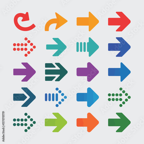 Collection of Twenty Colorful Arrow Icons in Various Styles and Directions including Curved Arrows Dotted Arrows and Straight Arrows