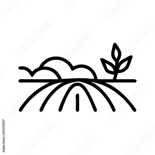 Harvested field with lines and small plant on white background  