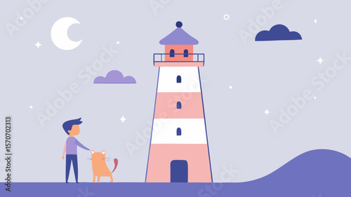 A historic white lighthouse beacon illuminates the night sky over the island coast, a guiding light for maritime navigation